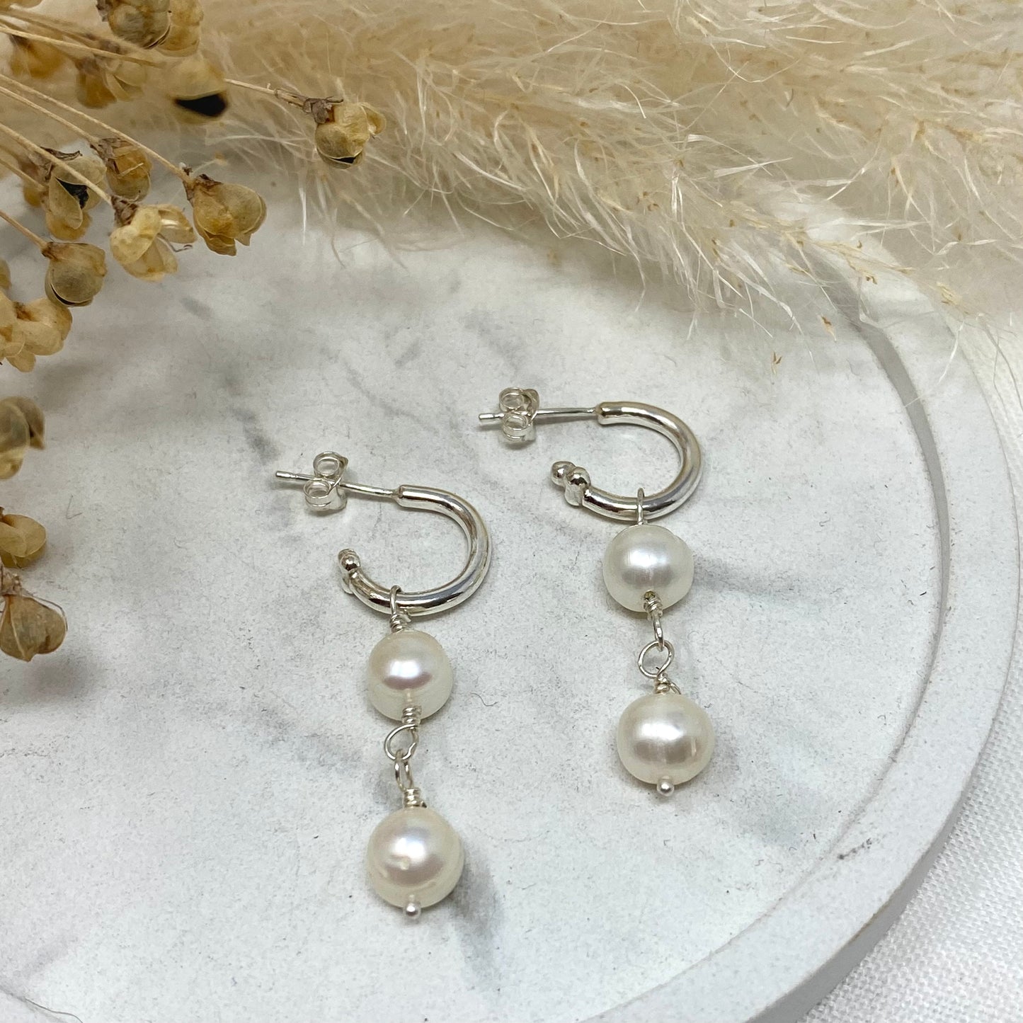 Cosmos Hoop With Double Pearl Drops