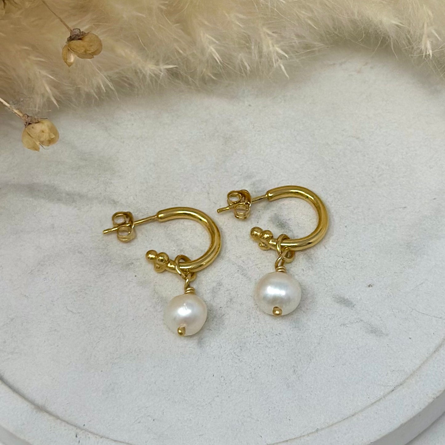 Gold Vermeil Cosmos Hoops with Cream Pearl Drops