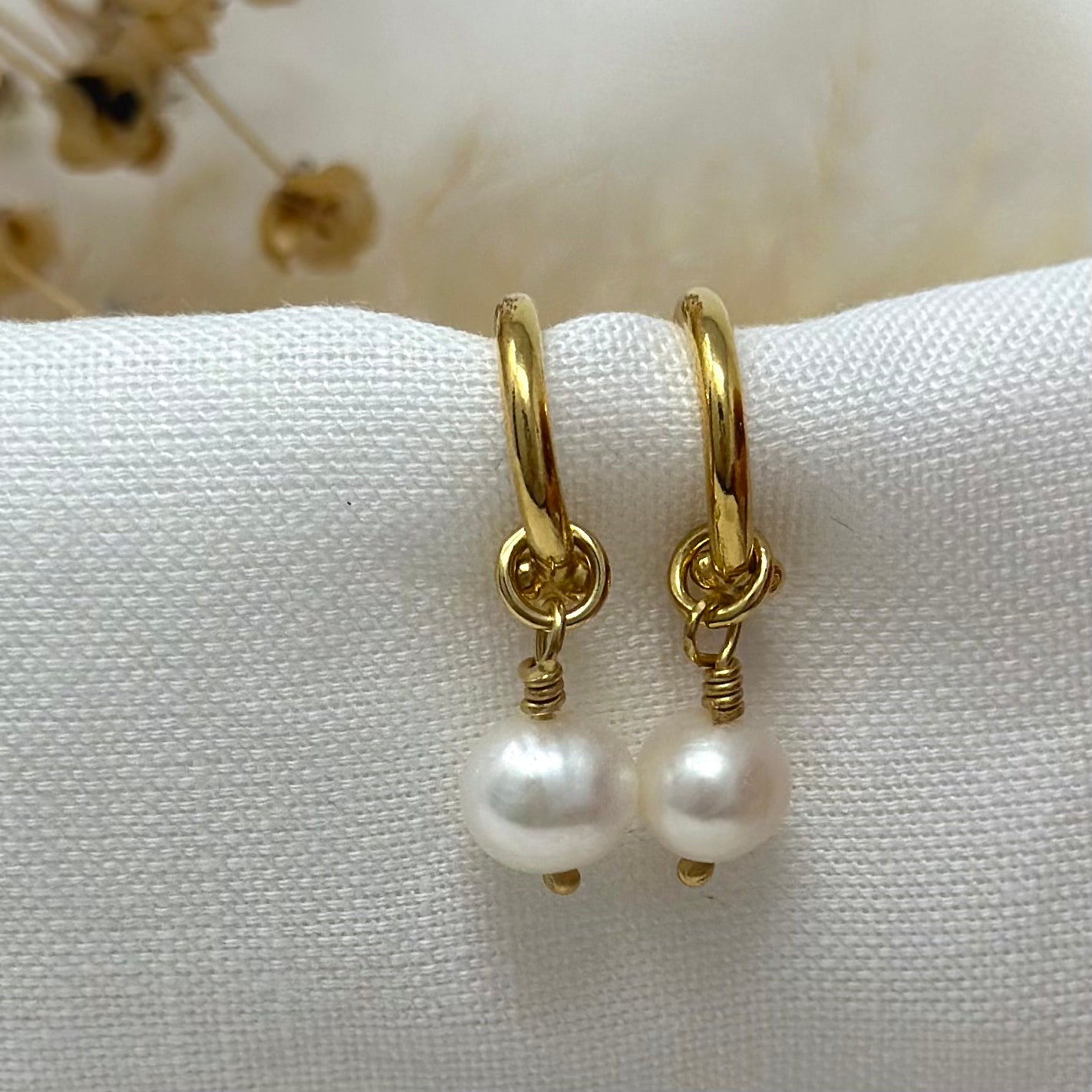 Gold Vermeil Cosmos Hoops with Cream Pearl Drops