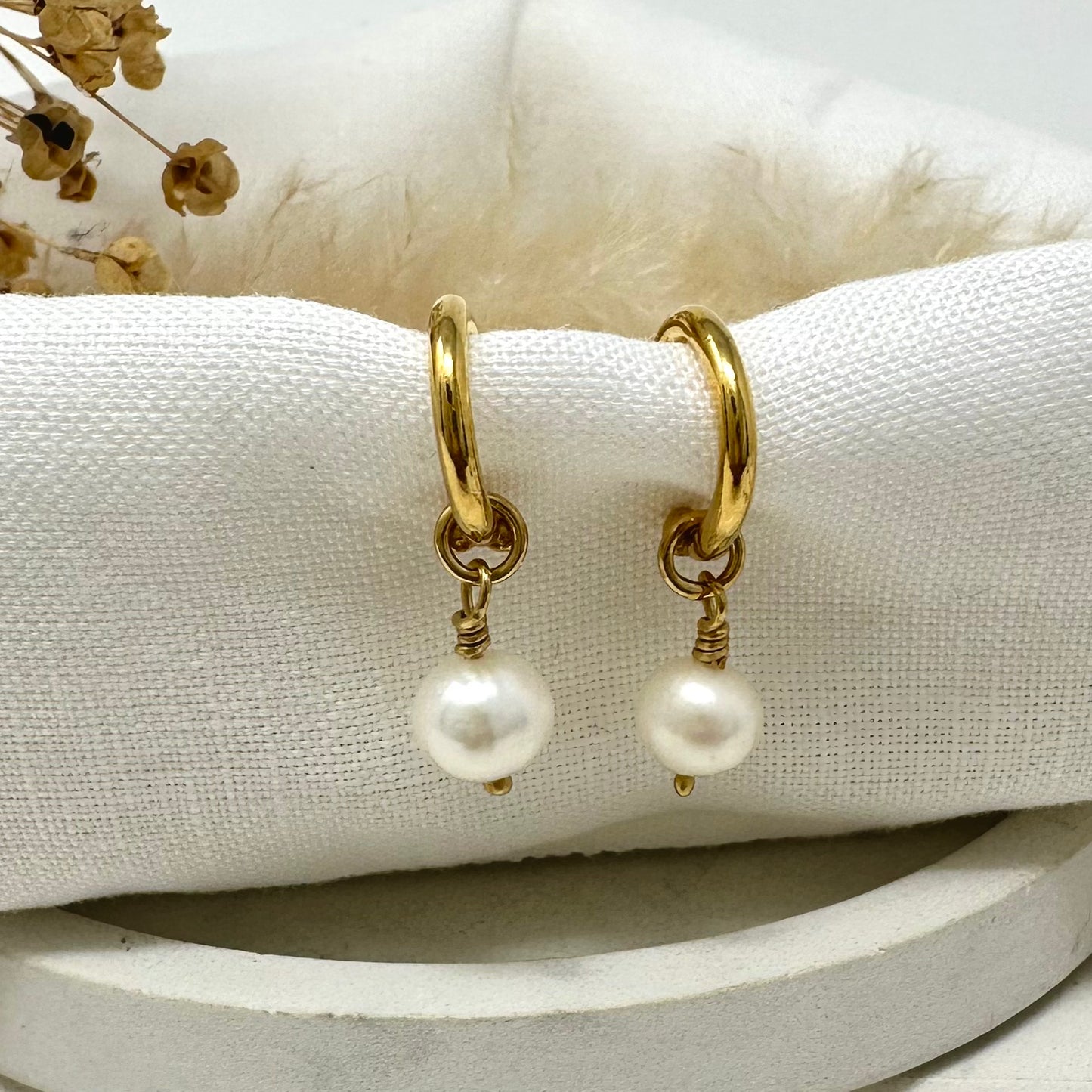 Gold Vermeil Cosmos Hoops with Cream Pearl Drops