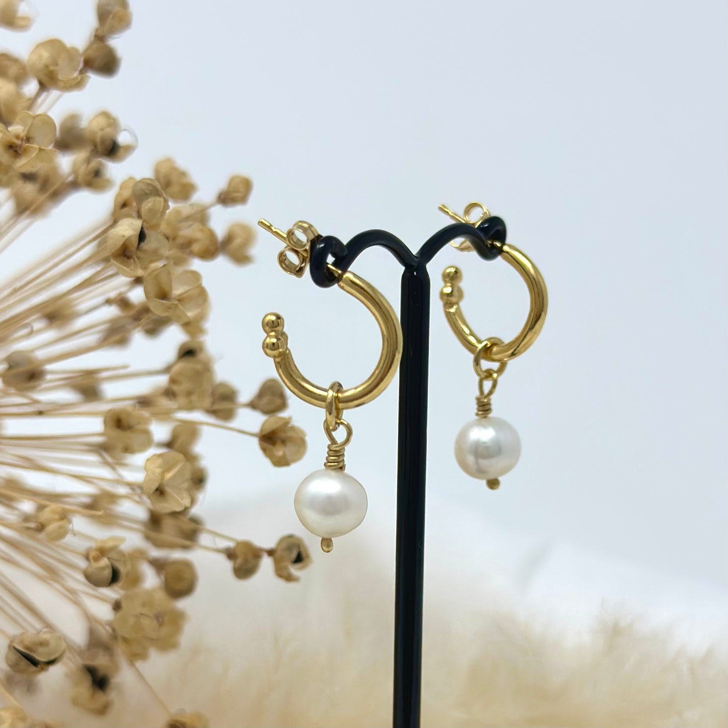 Gold Vermeil Cosmos Hoops with Cream Pearl Drops