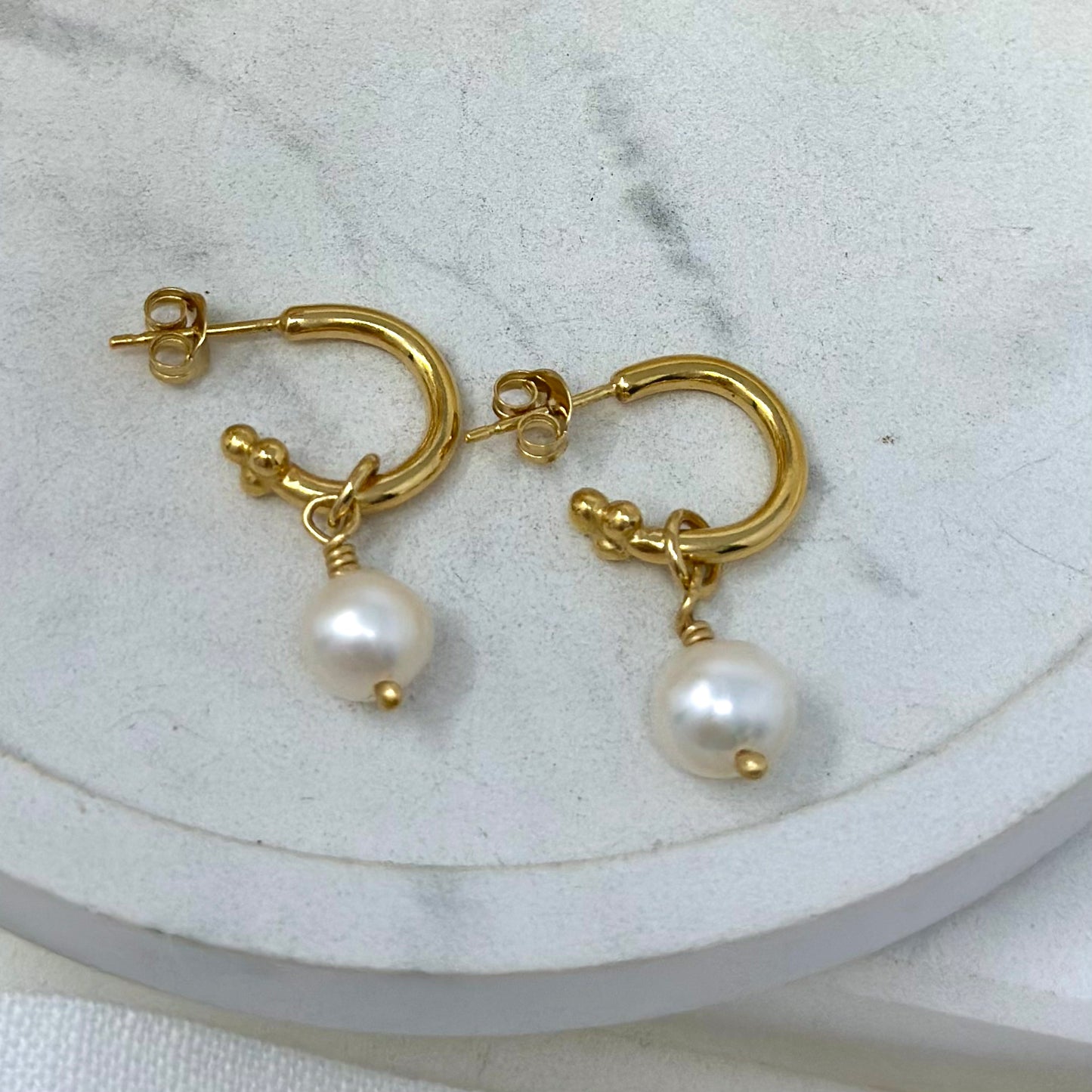 Gold Vermeil Cosmos Hoops with Cream Pearl Drops