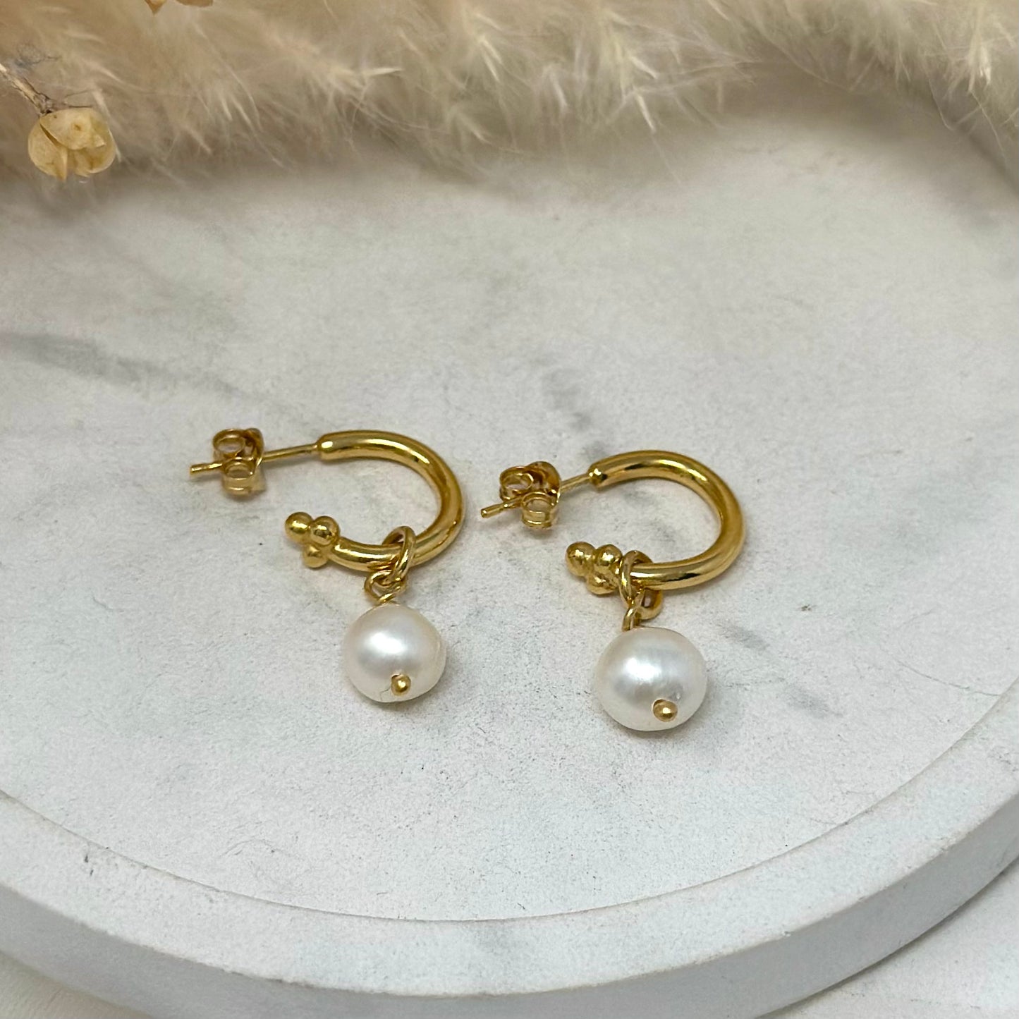 Gold Vermeil Cosmos Hoops with Cream Pearl Drops